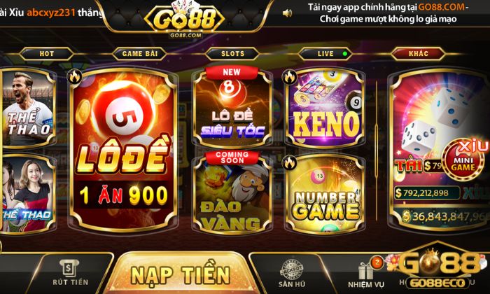 lô đề siêu tốc Go88 Giao diện trang chủ Go88 sống động