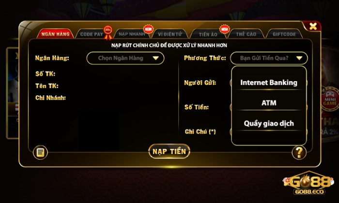 nạp tiền Go88 Nạp tiền tại Go88 qua ngân hàng dễ dàng