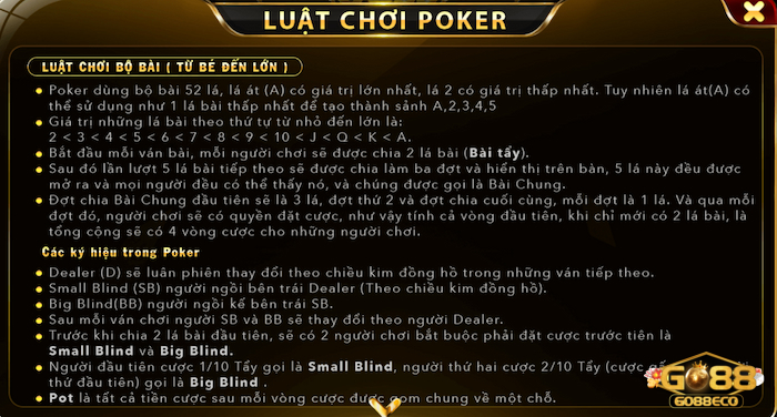 Poker Go88 Luật chơi bài Poker tại nhà cái Go88 dễ hiểu