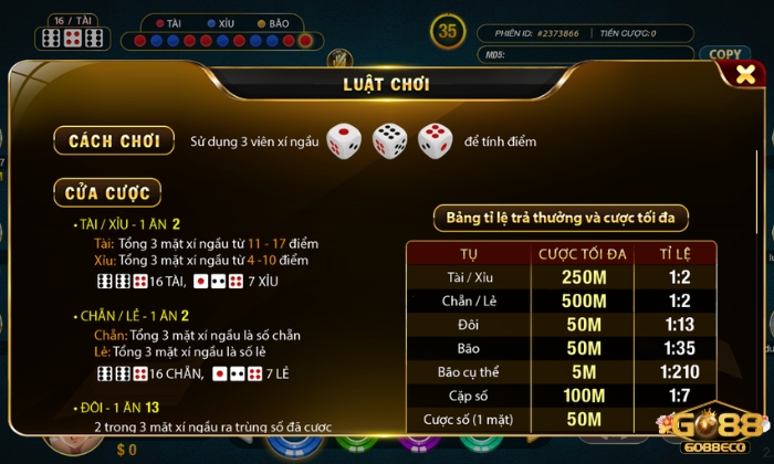 sicbo go88 Luật chơi cơ bản của Sicbo Go88