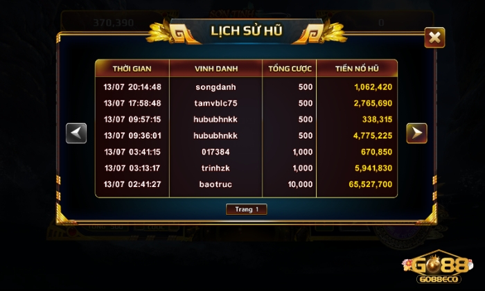 Sơn Tinh Thuỷ Tinh Go88 Xem chi tiết lịch sử nổ hũ trong game