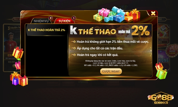 thể thao Go88 Hoàn trả không giới hạn lên đến 2%